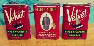 3 Vintage Velvet & Prince Albert Pipe And Cigarette Tobacco Tin/cans 1 1/2 Oz
