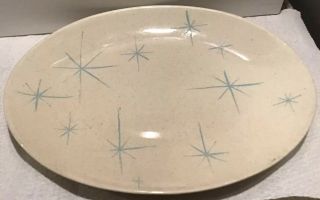 Mid Century Aqual Blue Atomic Starburst Stars On Cream Speckled Oval Platter