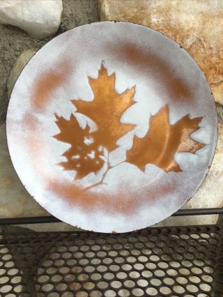 Vintage Mid Century Enamel Copper Dish Plate Leaf Design White Fall