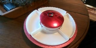 Red Mid Century Aluminum And Milk Glass Lazy Susan.