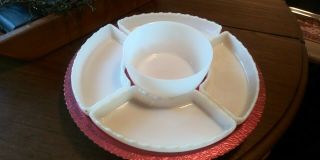 RED MID CENTURY ALUMINUM AND MILK GLASS LAZY SUSAN. 2