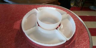 RED MID CENTURY ALUMINUM AND MILK GLASS LAZY SUSAN. 3