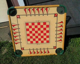 Vintage Wooden Carrom Double Sided Game Board Box W Accessories Merdel