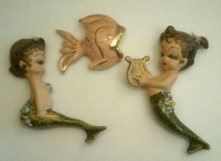 2 Vintage Mid - Century Modern Ceramic Mermaid Wall Decor & 1 Fish Wall Pocket Set