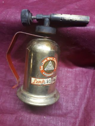 Vintage Mini Lenk Mfg.  Co Brass Gasoline Blow Torch Red Metal Handle