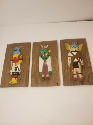 Vtg Hopi 1970 Hand Made Owl,  Zuni Warrior And Silent Kachina Doll Relief Plaques