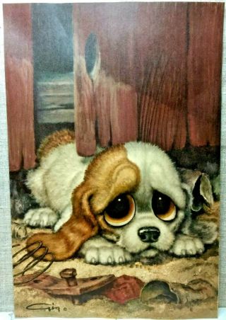 Vintage 1966 Gig Pity Puppy Picture Sad Big Eye Dog Resting Art Litho 8 " By 12 "