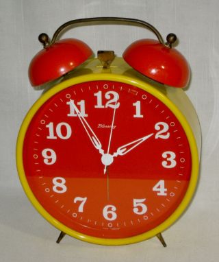 Large Vintage Yellow Orange Blessing Alarm Clock Germany Double Bell Wind - Up