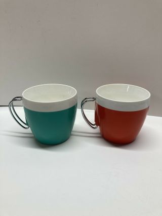 2 Nfc Vintage Insulated Coffee Mug Cup Wire Handled Orange & Blue/green