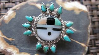 Vintage Zuni Sun Face Pin/brooch - Sterling Silver Inlay And Turquoise