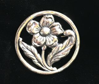 Vintage Art Nouveau Flower Brooch Sterling Silver Large Circle