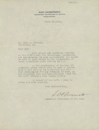 Franklin D Roosevelt / Signed Letter On Navy Department Letterhead April 12 1918