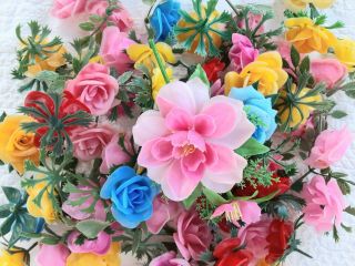 Vintage Plastic Flowers Hong Kong 1 Large 57 Small Roses Pink Red Blue Yellow
