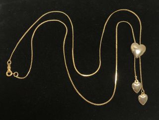 Vintage 14k Gold - Filled “puffy Heart” Slide Dangle Lariat Chain Necklace - Estate