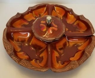 Vintage Treasure Craft California Pottery Lazy Susan Chip & Dip Drip Glaze Tray