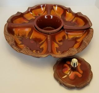Vintage Treasure Craft California Pottery Lazy Susan Chip & Dip Drip Glaze Tray 3