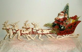 Vtg Santa Claus Sleigh Reindeer Christmas Blow Mold Plastic Miniature Hong Kong