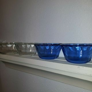 Set Of Four 3 Ring Scalloped Edge Vintage Pyrex Custard Cups Blue And Clear.
