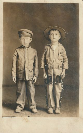 Vintage Antique Rppc Photo Kid As A Cowboy Kid As A Soldier