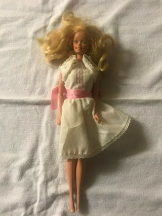 Vintage 1980`s Barbie 12 " Doll Mattel Toys In White Knee Length Dress Pink Bow