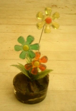 Vintage 1969 " Designs " Lucite Acrylic Flowers W/ Cork In Base Paper Weight