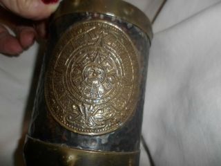Vintage Hammered Copper & Brass Mug From Mexico With Mayan Aztec Symbol