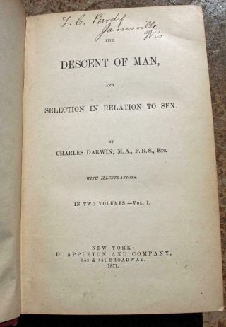 1871 Descent of Man Charles Darwin FIRST AMERICAN EDITION Origin Species 5