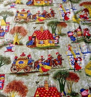 Vtg 75” X 45” Linen Fabric Panels Mod Fairy Tale Nursery Rhyme Theme Multicolor