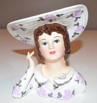Vintage Lady Head Vase - Lefton 1343r - Brunette Hair & Hand W/flower Outfit - 6 "