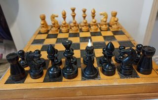 9 1960 - 70s Vintage Ussr Wooden Chess Set With Board 29x29 Cm.  Medium Russian