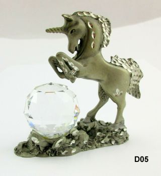 Vintage Cuter Pewter Unicorn With Crystal Ball 2 3/4 " Tall Vgc Do5