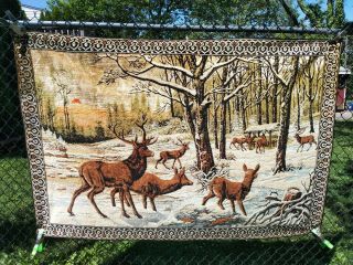 Vintage Tapestry Wall Hanging Rug Elk Buck Stag Deer Lodge Cabin Decor 72” X 48”