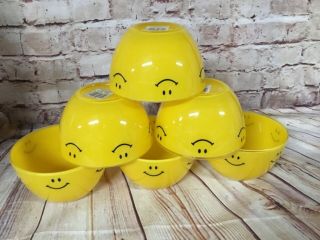 Set Of 6 Retro Yellow Smiley Happy Face Plastic Bowls 3 " Tall X 5 1/2 " Wide