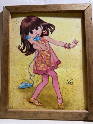 Vintage Lee Painting Print Art Go Go 1960`s Big Eye Girls Handmade Wood Frame