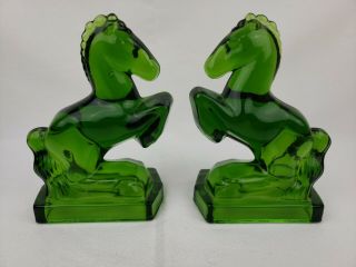 Pair Mcm Vintage Le Smith Rearing Horse Bookends Green Glass Figurine Statue