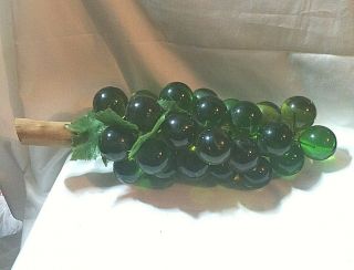 Vintage Bright Green Lucite Acrylic Grapes On Wood Stem