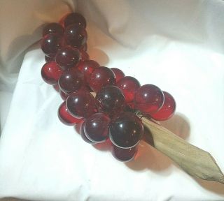 Vintage Bright Red Lucite Acrylic Grapes On Wood Stem - 15 Inches Long