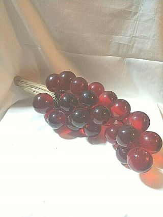 VINTAGE BRIGHT RED LUCITE ACRYLIC Grapes On Wood Stem - 15 INCHES LONG 2