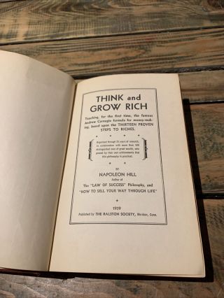 THINK AND GROW RICH NAPOLEON HILL 1939 Ed.  Money Fame Power Ralston HC VTG BOOK 6