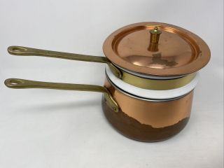 Vintage Odi Old Dutch Portugal Copper And Brass Double Boiler Pan Ceramic Insert