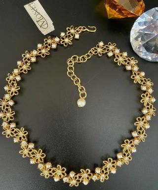 Vintage Monet Gold Tone Flowers Rhinestone Faux Pearl Choker Necklace With Tag