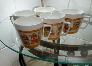 Set Of 5 Vintage Thermo Serv Cups Mugs Yellow Orange Teapot/coffee Pot Pattern