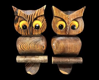 Two Vintage Witco Hang - Able Owls On Tree Branch Carved Wood Felt Eyes Mcm Kitsch