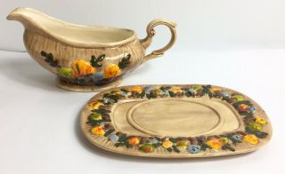 Vintage Arnels Mushroom Gravy Boat Tray Pitcher Bright Colors Ceramic Platter