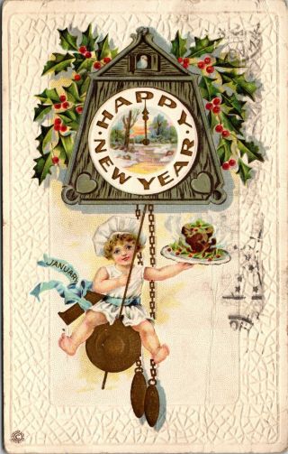 Vintage 1916 Child Hanging On A Cuckoo Clock,  Happy Year Postcard