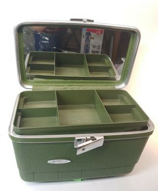 Vtg Forecast By Sears Green Chrome Travel Case Make Up Train Case Luggage Mirror