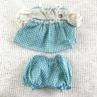 Vintage Handmade Blue And White Gingham Baby Doll Outfit Lace Trim Dress Bloomer