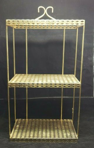 Vintage Mid Century Modern Gold Metal Mesh 3 Tier Wall / Standing Shelf