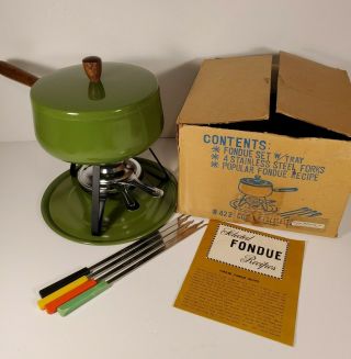 Vintage Mod 1970s Avocado Green Fondue Pot & Stand Burner W/ Forks