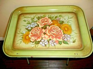 Vintage Mid Century Tole Painted Metal Tv Tray On Stand 17 1/2 " X 12 3/4 "